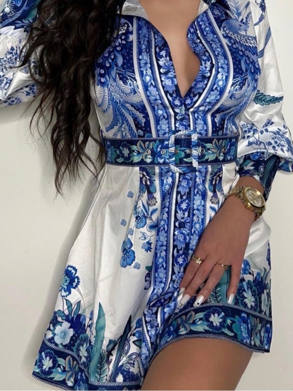 Blue White Floral V-Neck Short Paisley Satin belted Dress